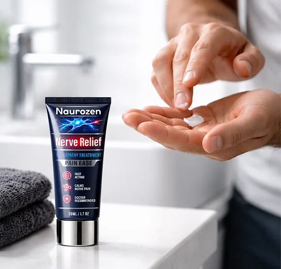 Tube Naurozen op een wastafel naast een hand die een kleine hoeveelheid crème ontvangt